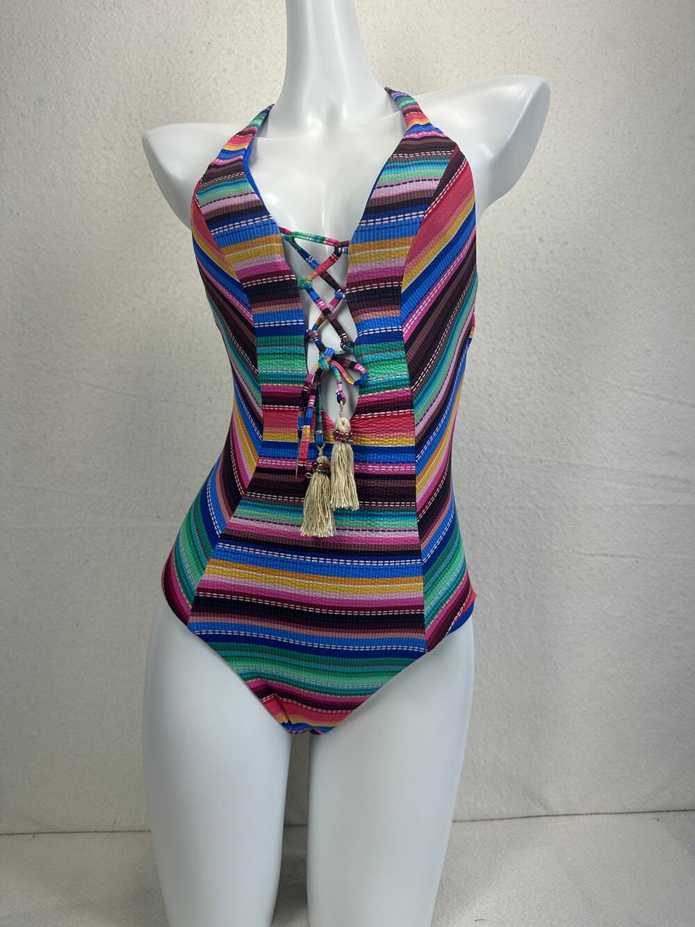 BECCA Vallerta Stripe Tassel Seersucker One Piece SZ S NWT